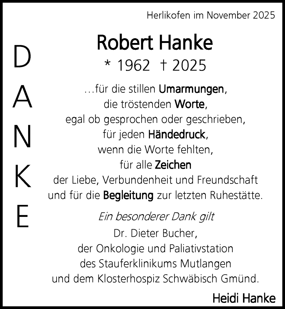  Traueranzeige für Robert Hanke vom 12.11.2025 aus Gmünder Tagespost