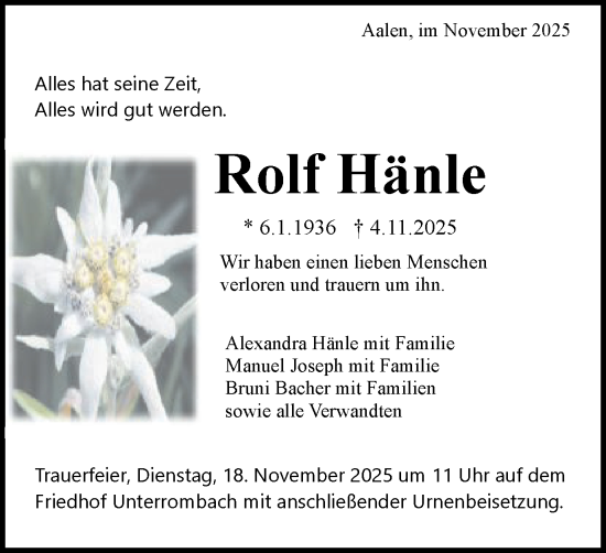 Traueranzeige von Rolf Hänle von Schwäbische Post