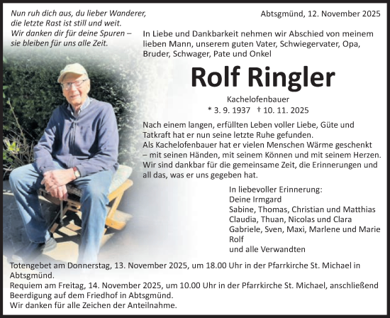 Traueranzeige von Rolf Ringler von Schwäbische Post