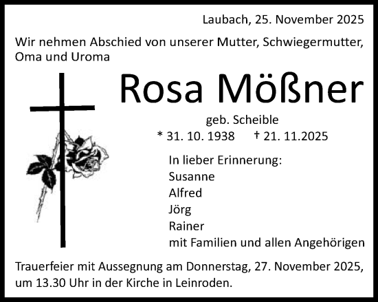 Traueranzeige von Rosa Mößner von Schwäbische Post