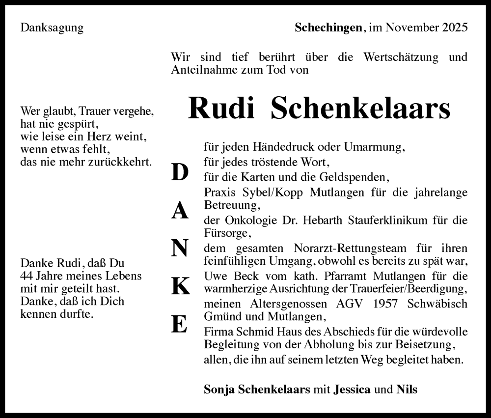  Traueranzeige für Rudi Schenkelaars vom 27.11.2025 aus Gmünder Tagespost