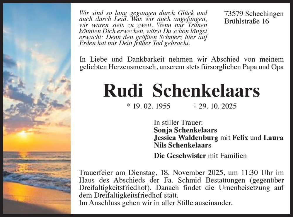  Traueranzeige für Rudi Schenkelaars vom 12.11.2025 aus Gmünder Tagespost