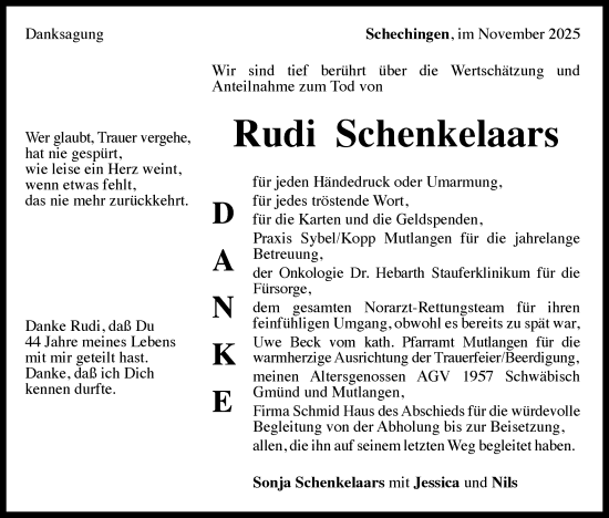 Traueranzeige von Rudi Schenkelaars von Gmünder Tagespost