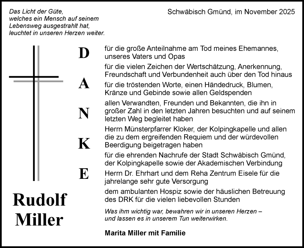  Traueranzeige für Rudolf Miller vom 29.11.2025 aus Gmünder Tagespost