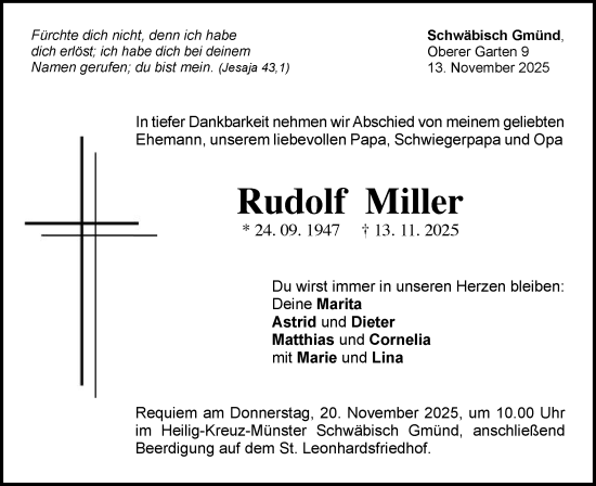Traueranzeige von Rudolf Miller von Gmünder Tagespost
