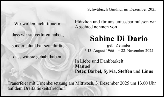 Traueranzeige von Sabine Di Dario von Gmünder Tagespost