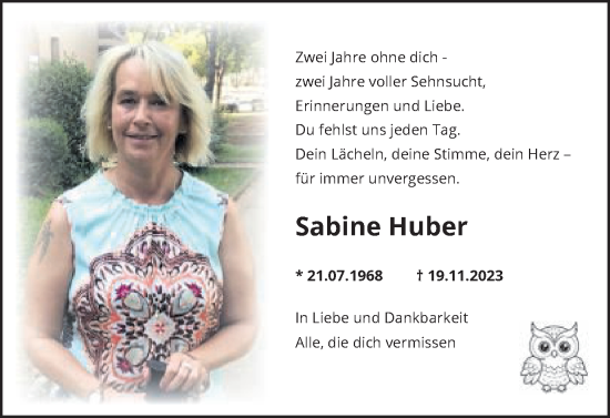 Traueranzeige von Sabine Huber von Schwäbische Post