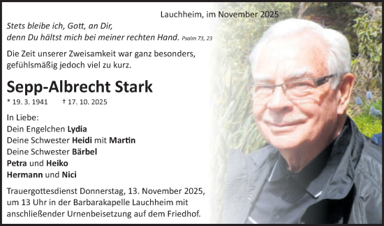 Traueranzeige von Sepp-Albrecht Stark von Schwäbische Post