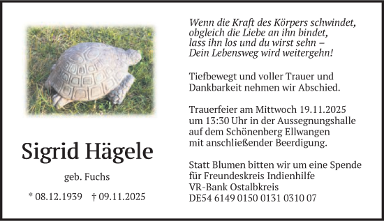 Traueranzeige von Sigrid Hägele von Schwäbische Post