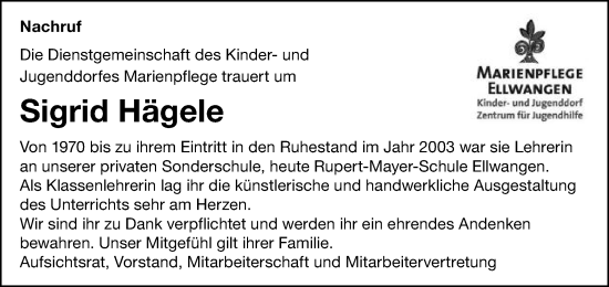 Traueranzeige von Sigrid Hägele von Schwäbische Post