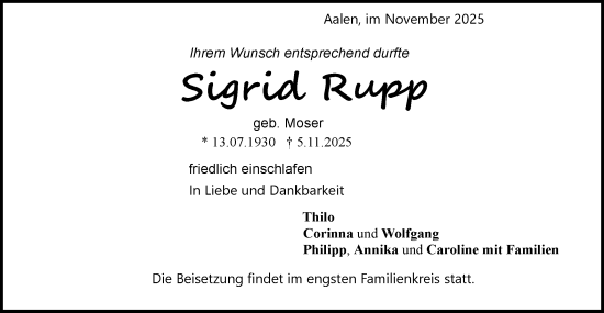 Traueranzeige von Sigrid Rupp von Schwäbische Post