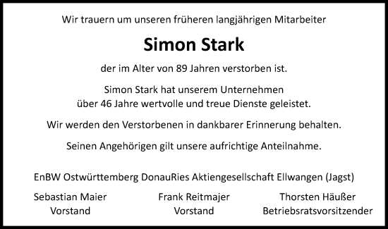 Traueranzeige von Simon Stark von Schwäbische Post