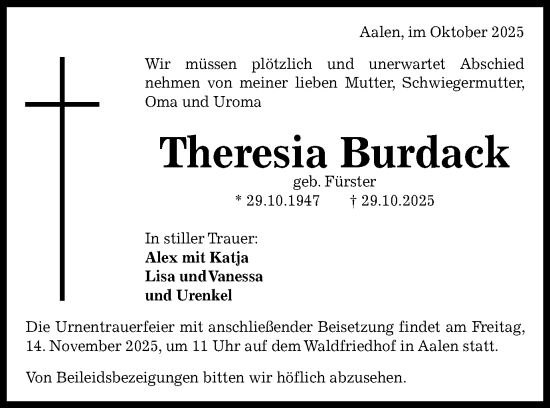 Traueranzeige von Theresia Burdack von Schwäbische Post