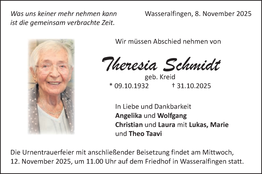  Traueranzeige für Theresia Schmidt vom 08.11.2025 aus Schwäbische Post
