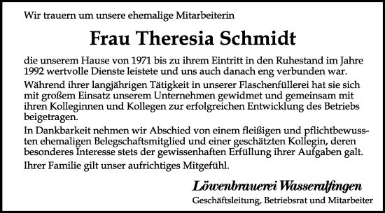 Traueranzeige von Theresia Schmidt von Schwäbische Post
