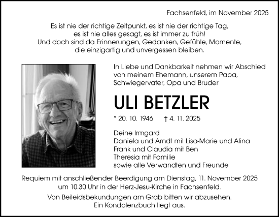 Traueranzeige von Uli Betzler von Schwäbische Post