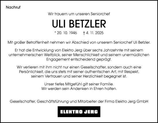 Traueranzeige von Uli Betzler von Schwäbische Post