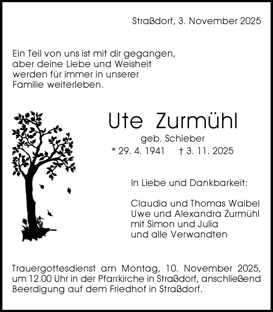  Traueranzeige für Ute Zurmühl vom 07.11.2025 aus Gmünder Tagespost