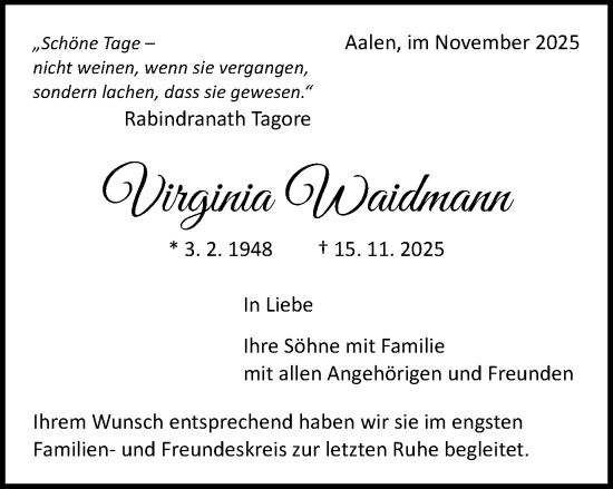 Traueranzeige von Virginia Waidmann von Schwäbische Post
