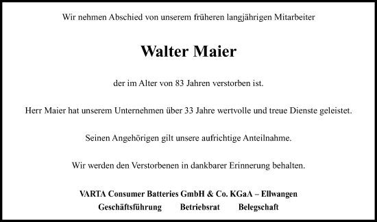 Traueranzeige von Walter Maier von Schwäbische Post