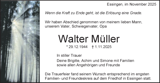 Traueranzeige von Walter Müller von Schwäbische Post