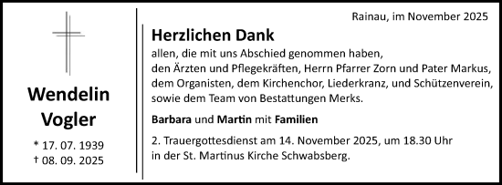 Traueranzeige von Wendelin Vogler von Schwäbische Post