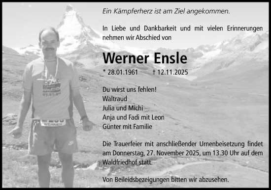 Traueranzeige von Werner Ensle von Schwäbische Post