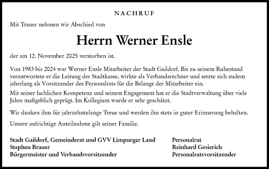 Traueranzeige von Werner Ensle von Schwäbische Post