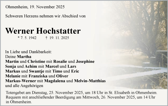 Traueranzeige von Werner Hochstatter von Schwäbische Post