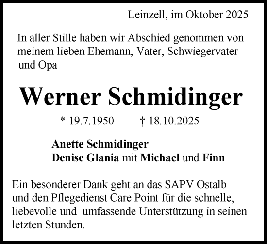 Traueranzeige von Werner Schmidinger von Gmünder Tagespost