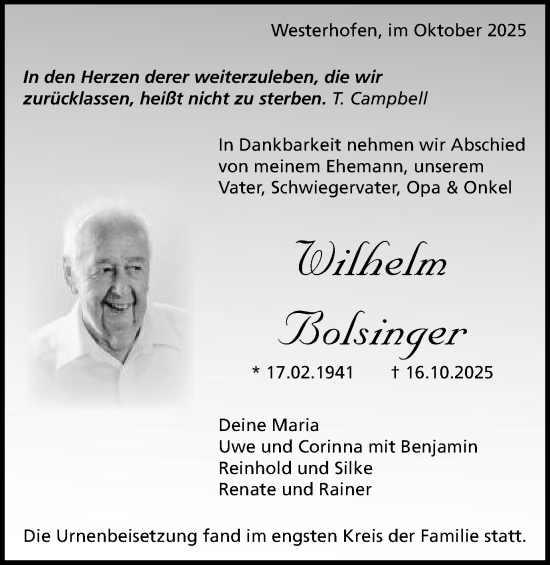 Traueranzeige von Wilhelm Bolsinger von Schwäbische Post