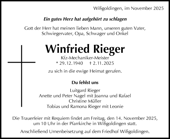 Traueranzeige von Winfried Rieger von Gmünder Tagespost
