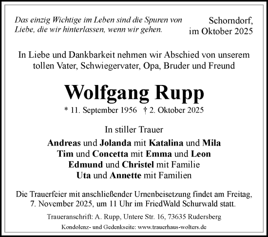 Traueranzeige von Wolfgang Rupp von Gmünder Tagespost