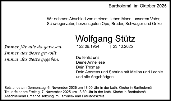 Traueranzeige von Wolfgang Stütz von Gmünder Tagespost