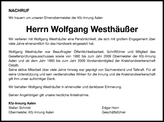 Traueranzeige von Wolfgang Westhäußer von Schwäbische Post