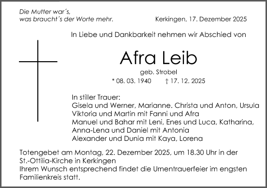 Traueranzeige von Afra Leib von Schwäbische Post