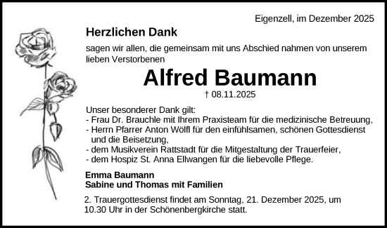 Traueranzeige von Alfred Baumann von Schwäbische Post