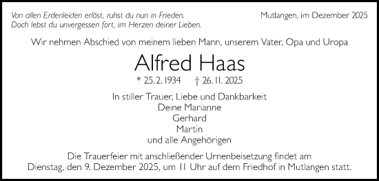 Traueranzeige von Alfred Haas von Gmünder Tagespost