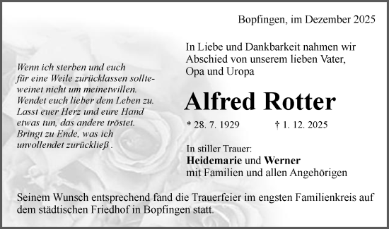 Traueranzeige von Alfred Rotter von Schwäbische Post