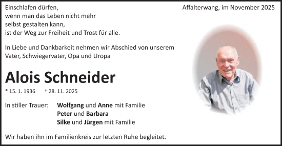 Traueranzeige von Alois Schneider von Schwäbische Post