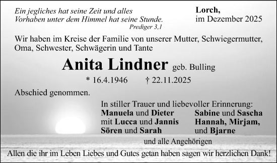 Traueranzeige von Anita Lindner von Gmünder Tagespost
