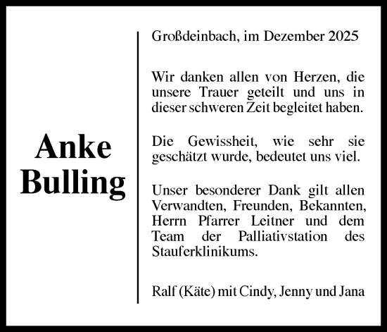 Traueranzeige von Anke Bulling von Gmünder Tagespost