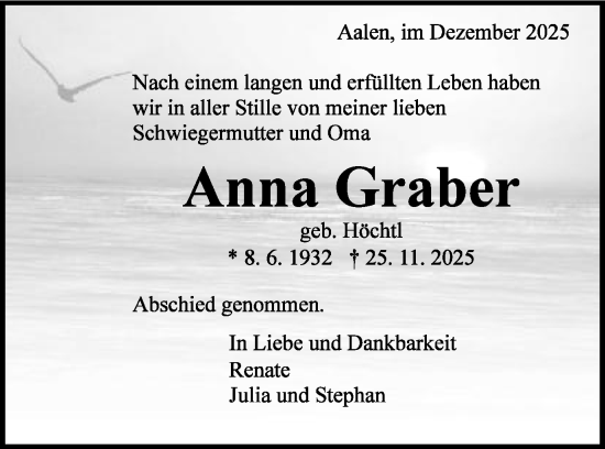 Traueranzeige von Anna Graber von Schwäbische Post