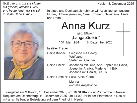 Traueranzeige von Anna Kurz von Schwäbische Post