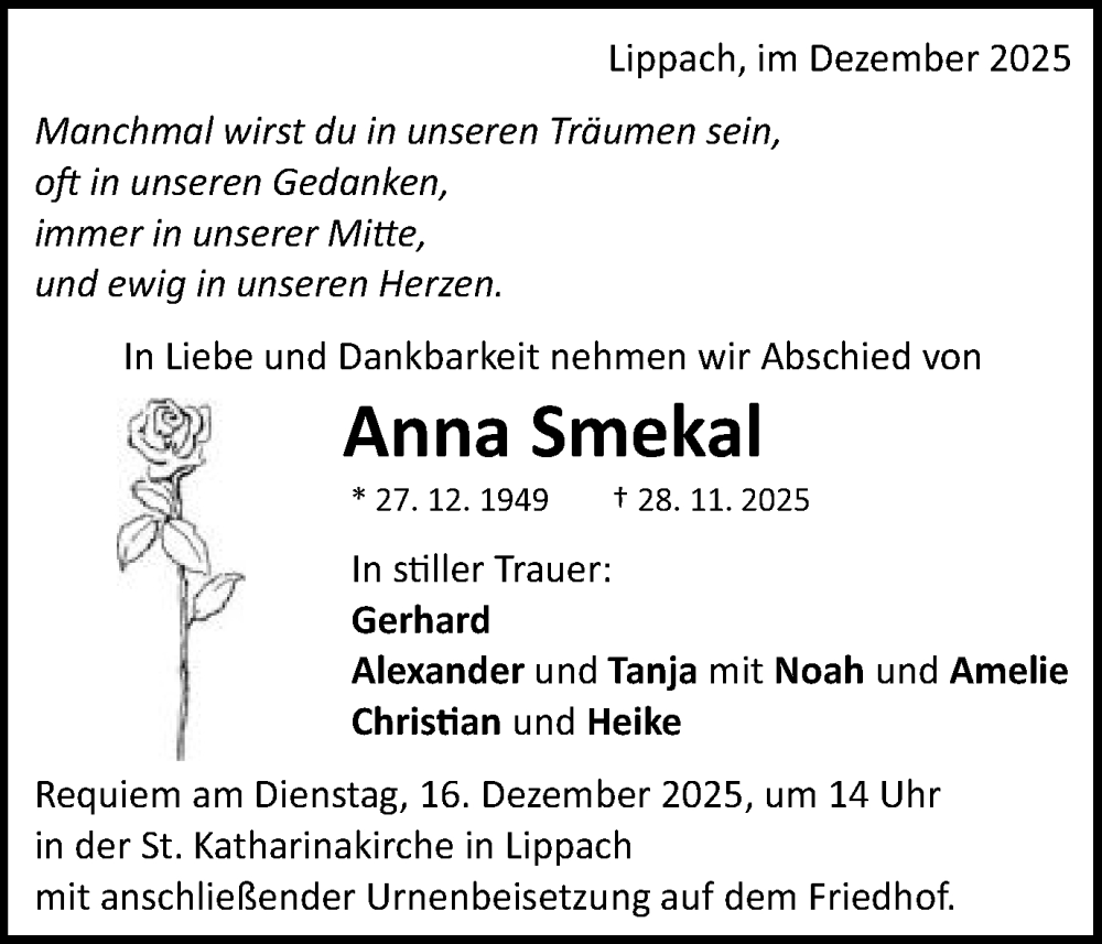  Traueranzeige für Anna Smekal vom 12.12.2025 aus Schwäbische Post