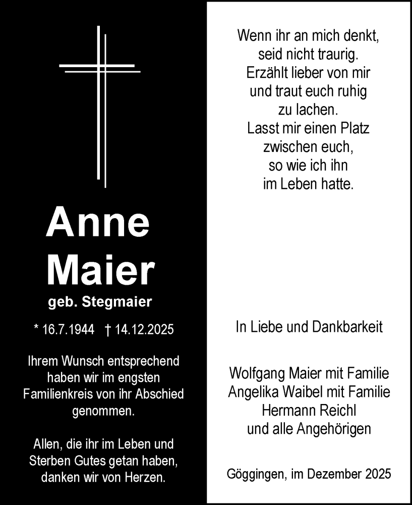 Traueranzeige für Anne Maier vom 24.12.2025 aus Gmünder Tagespost
