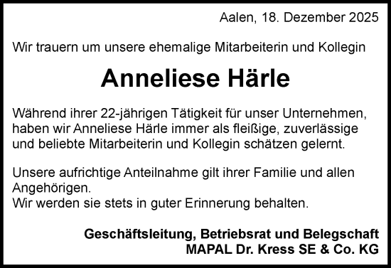 Traueranzeige von Anneliese Härle von Schwäbische Post