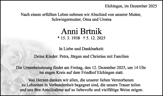 Traueranzeige von Anni Brtnik von Schwäbische Post