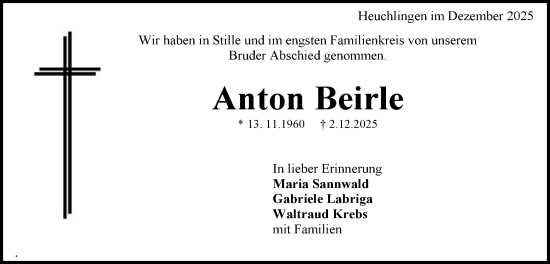 Traueranzeige von Anton Beirle von Gmünder Tagespost