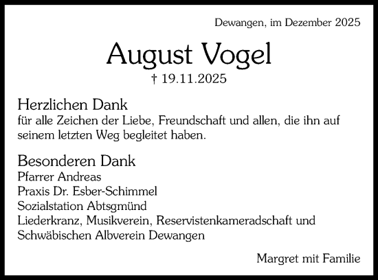 Traueranzeige von August Vogel von Schwäbische Post